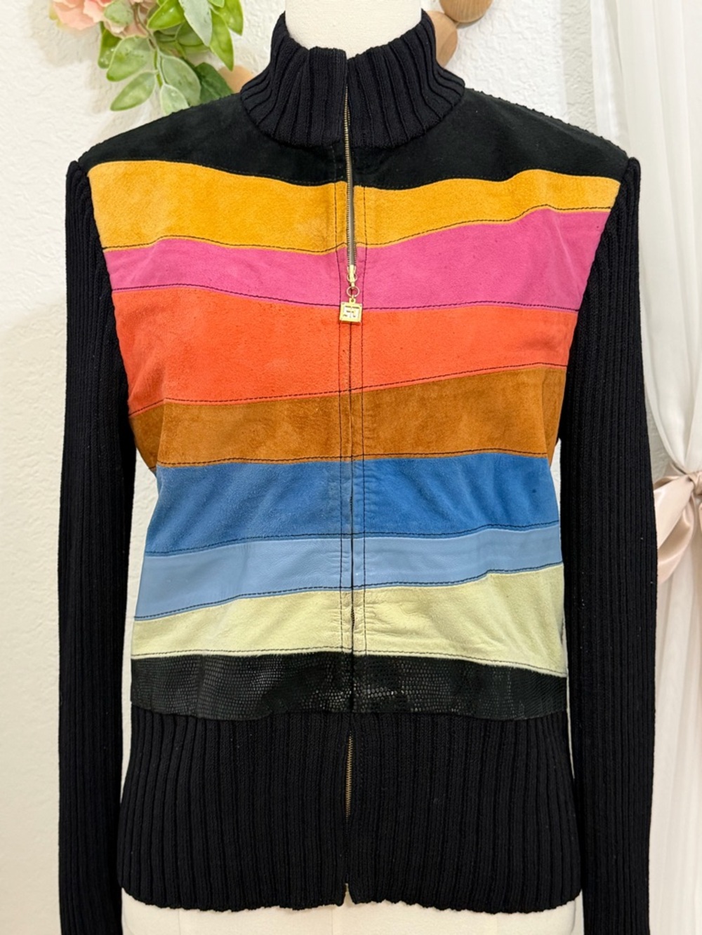ST JOHN Lamb Suede Leather And Wool Sequin Striped Jacket Women Size M Full Zip - Picture 2 of 9